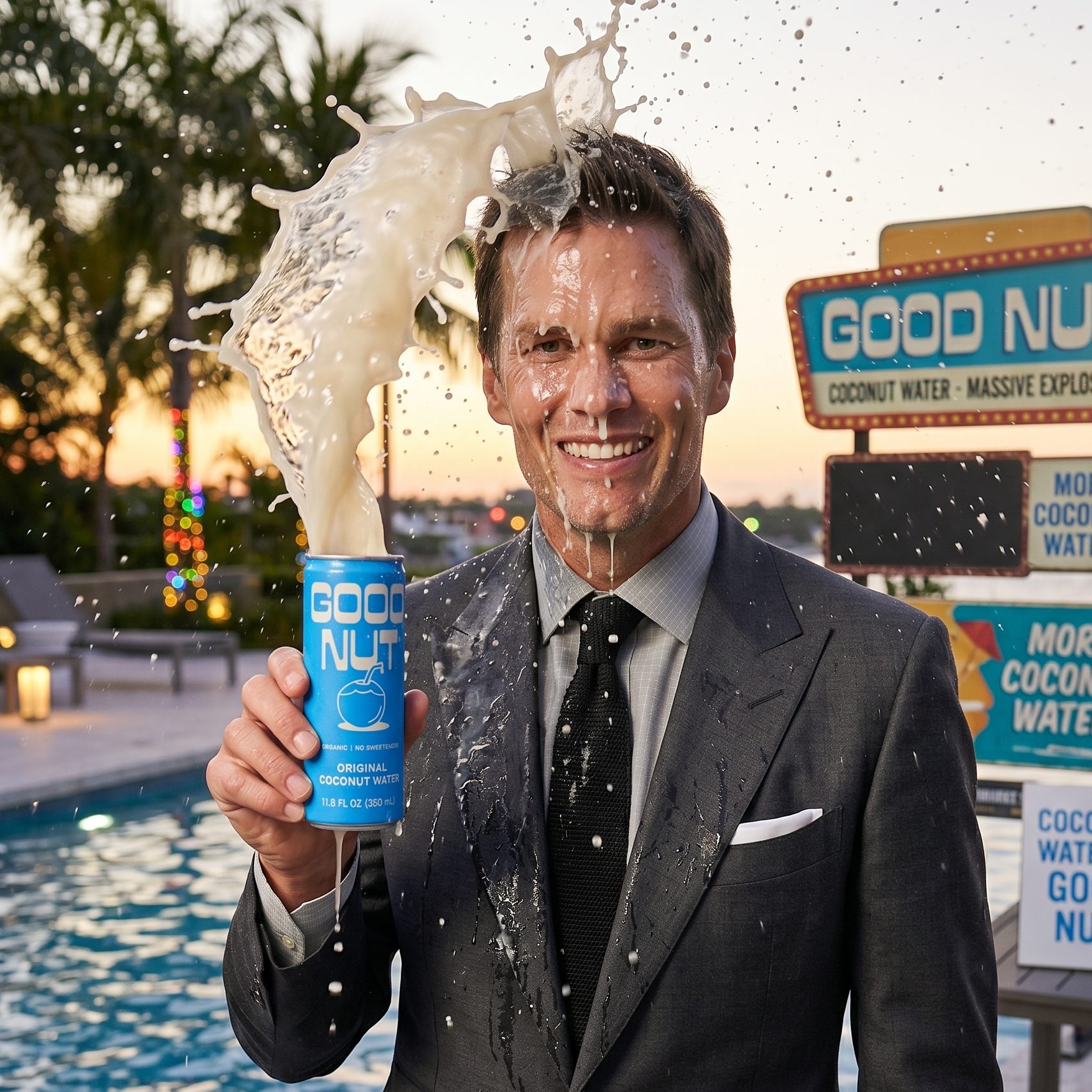 Man laughing as coconut water explodes out of a GOODNUTT can over his head